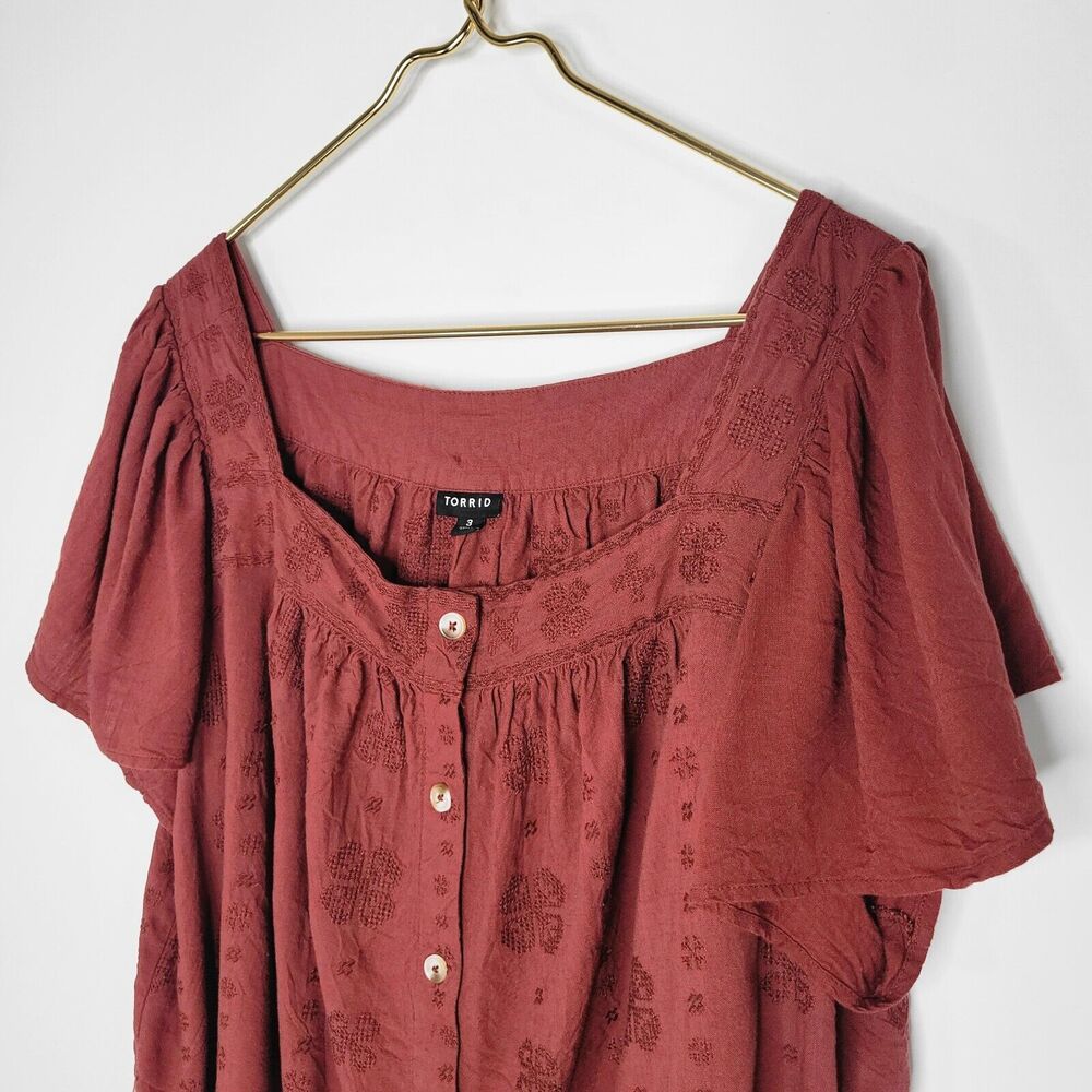 TORRID Red Brown Square Neck Top Size 3X Embroidered Boho Flutter Sleeve Peasant - Picture 5 of 11